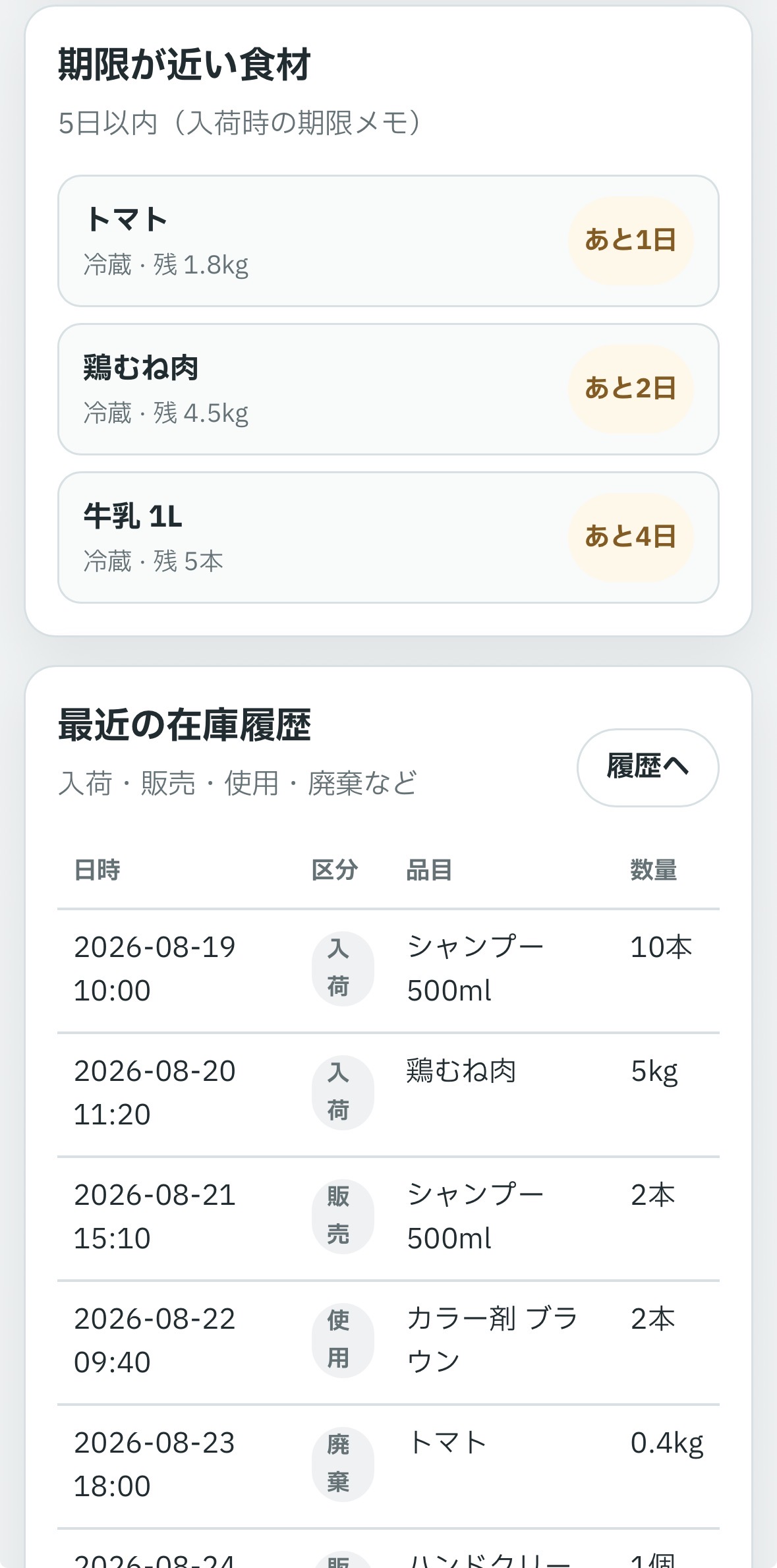 在庫管理(販売在庫ナビ)のスマホ画面例